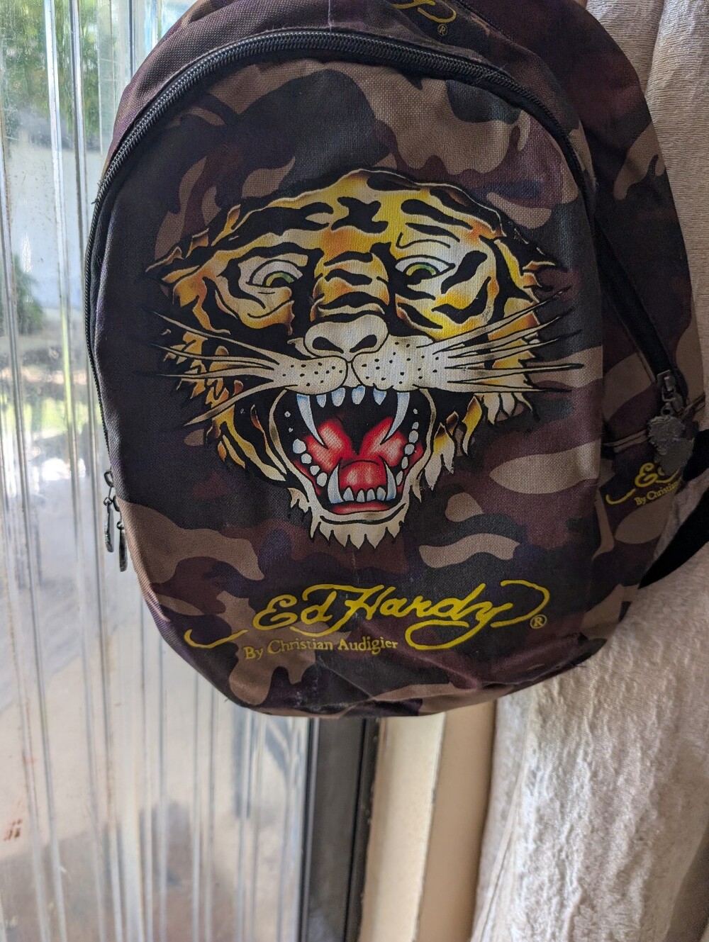 Ed Hardy Camo Backpack with Bold Tiger Graphic in Brown, Yellow, Red